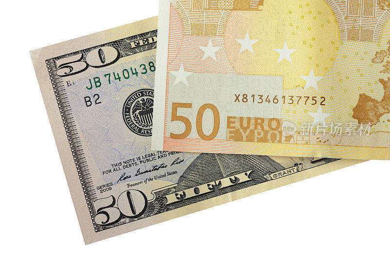 白色背景上的50美元和欧元钞票