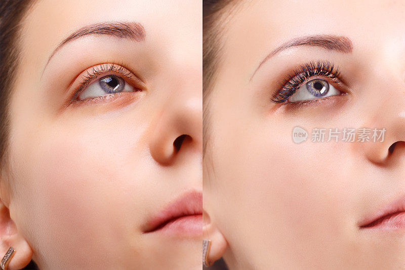 睫毛扩展。女性眼睛前后对比
