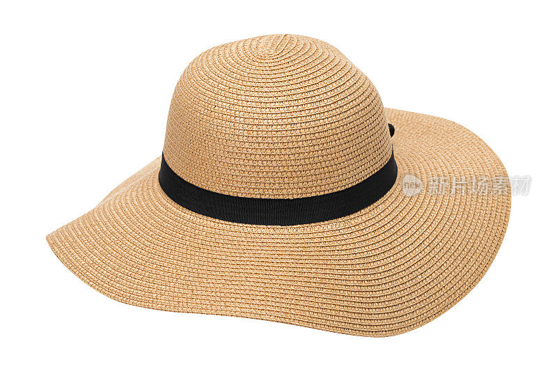 妇女的夏季草帽上有黄色的丝带，孤立在白色的背景上
