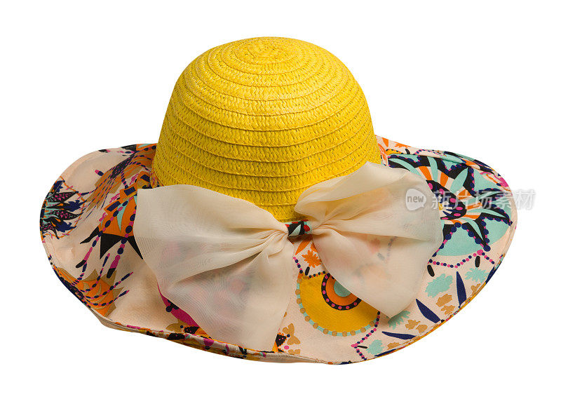 女帽孤立在白色背景上。黄色女士沙滩帽。带蝴蝶结的女士沙滩帽