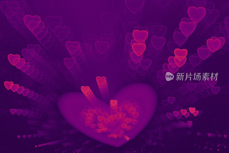 霓虹粉红紫外光紫心形纸屑紫色图案情人节，甜蜜的一天爱情抽象烟花爆炸的背景假日明亮的美术分形