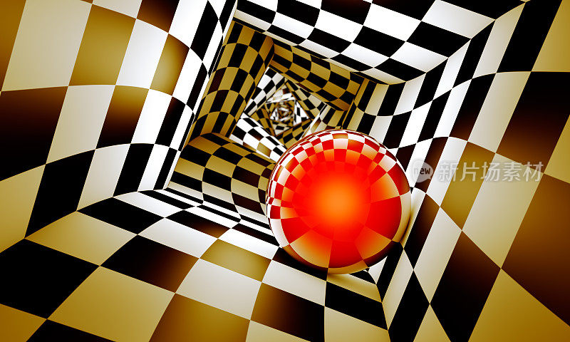 几何组合。象棋隧道里的红球。这个概念的形象。空间和时间。三维演示