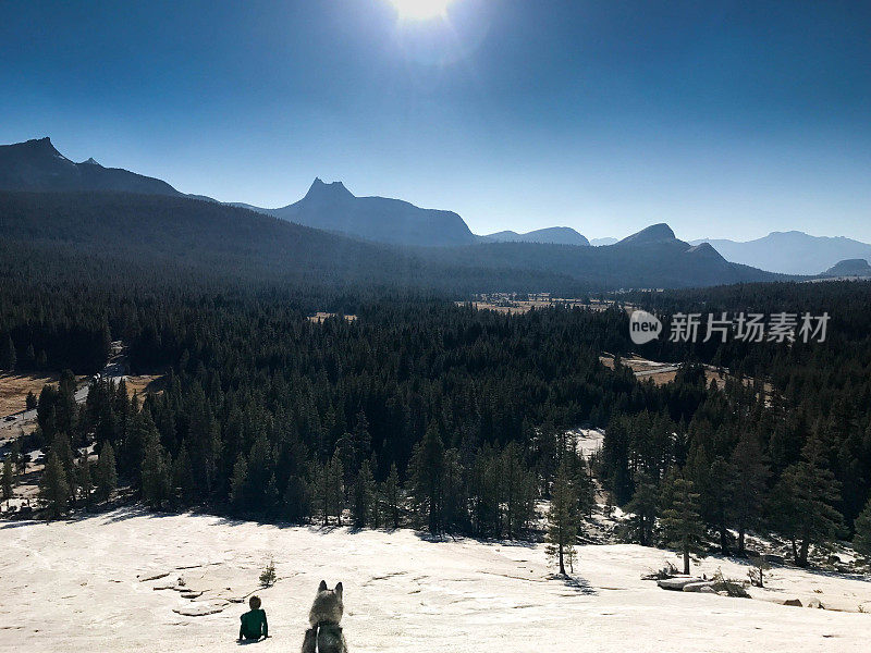 孩子们带着他的狗在优胜美地国家公园徒步旅行和爬山