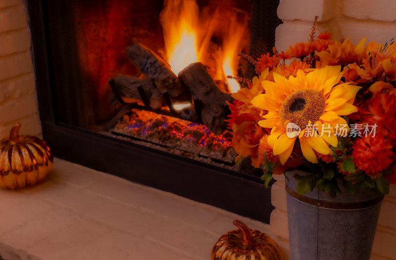 砖砌壁炉，秋季装饰和燃烧的原木(P)