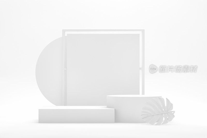 3D空讲台，基座，展示与空白框架上的白色背景