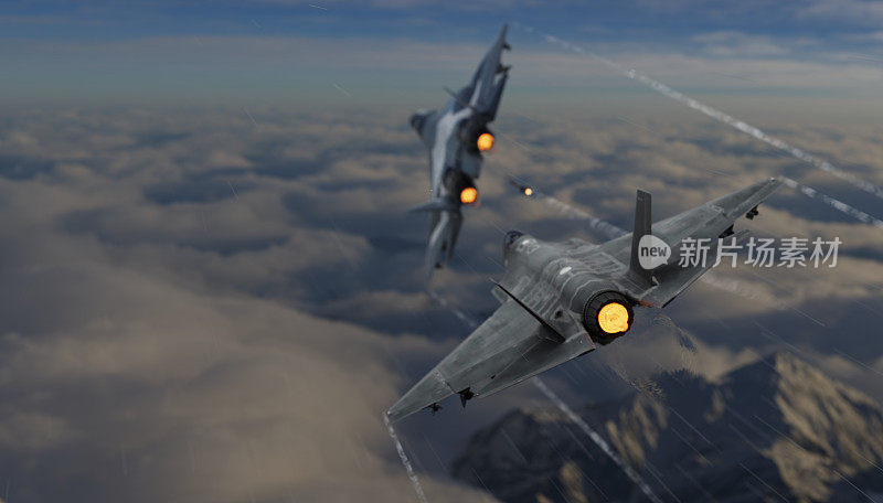 F-35隐形战机追赶俄罗斯su-57喷气式战斗机空战3d渲染