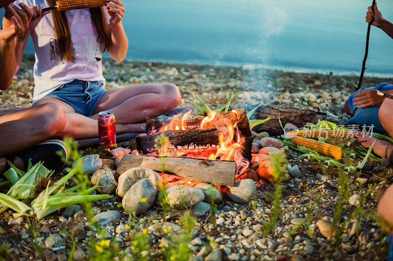 日落时分，朋友们围坐在湖边的篝火旁露营