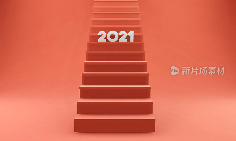 2021文字站在红色背景的红色楼梯上。