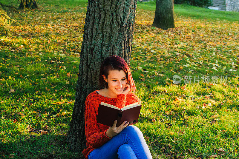 悠闲的女人在秋日读书。库存图片