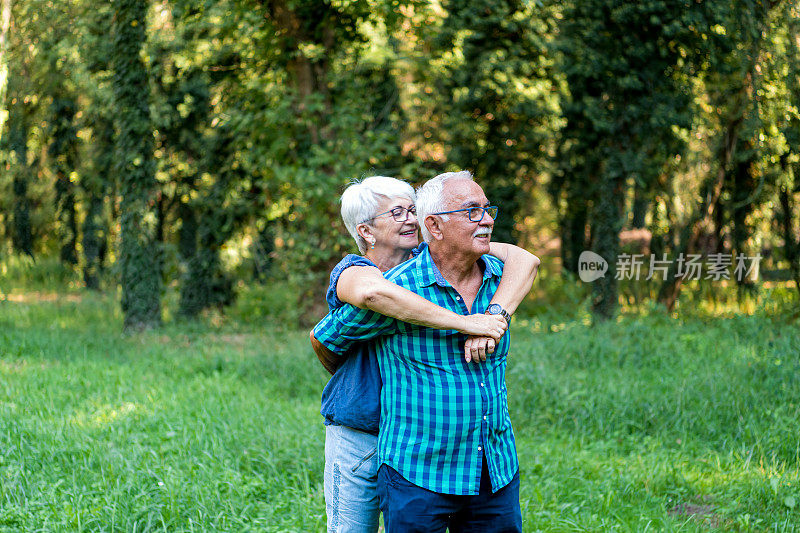 美丽的老夫妇的肖像拥抱和摆姿势在春天公园