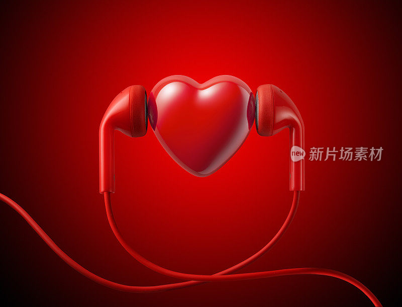 我喜欢音乐。红色耳机的心形。