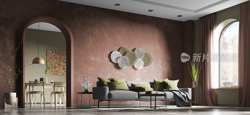 现代客厅内饰采用灰色沙发，平面用红色混凝土灰泥墙和拱形门，家居设计3d效果图