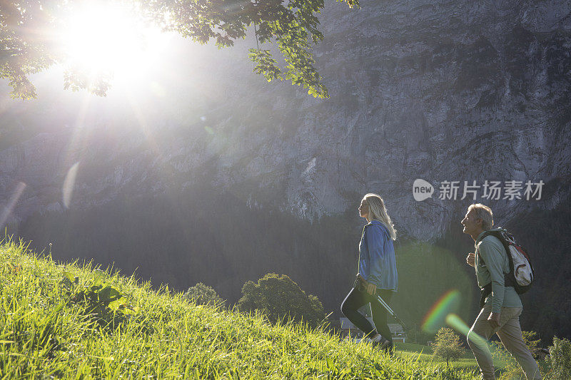 一对成年夫妇爬上草地，走向大树