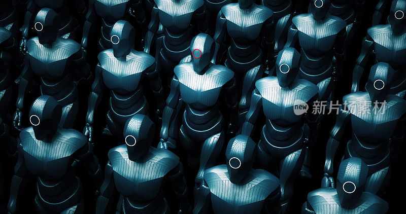 仿生人工智能机器人军队准备开战。领袖在中心。