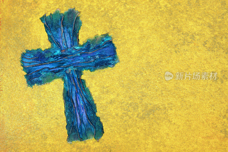 宗教:黄色背景上的蓝色十字架纸