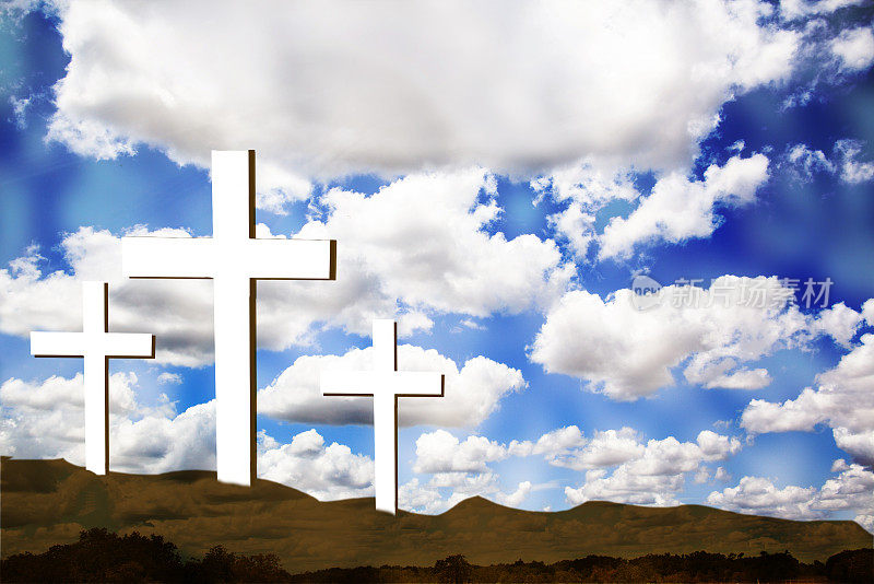复活节是耶稣受难日，山上有三个十字架。