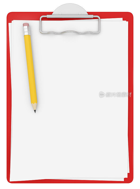 红色剪贴板，白纸和铅笔