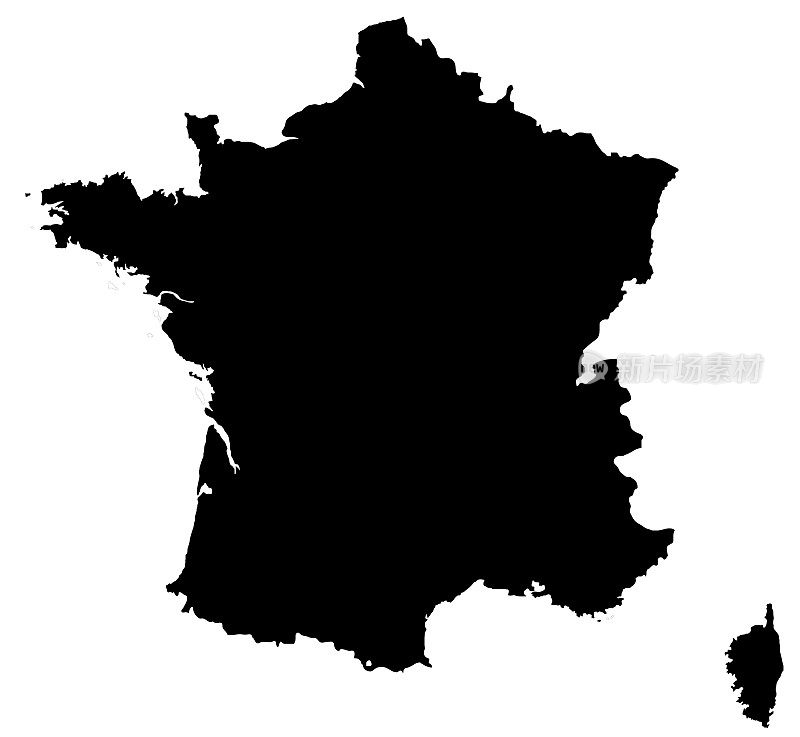 法国地图Silhoette轮廓边界上的白色背景