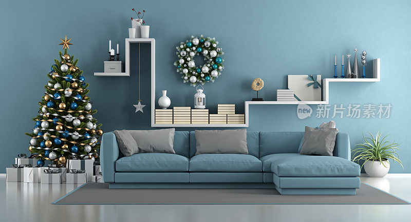 蓝色现代客厅与圣诞树