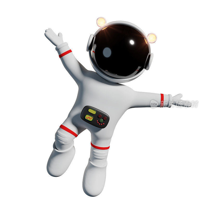 可爱的卡通宇航员穿着白色宇航服在零重力空间里很快乐(3d渲染，白色背景孤立)