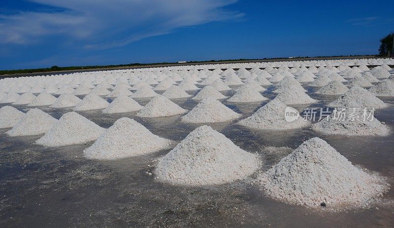 大量的盐在盐海盐农场