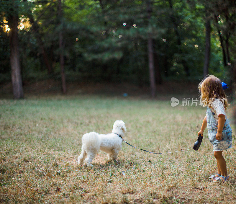 小女孩带着她的小狗在森林里散步