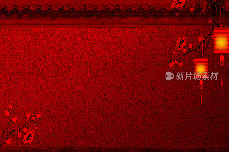 暗红色的屋檐，墙壁，梅花，梅花枝，灯笼，香文，中国风格的纹理背景。