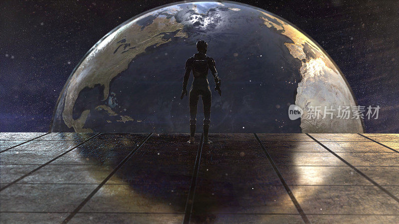 未来太空中孤独的女宇航员对地球的看法