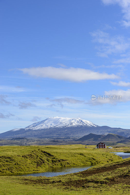 从Markarfljót山谷在冰岛的雪山的全景Hekla火山