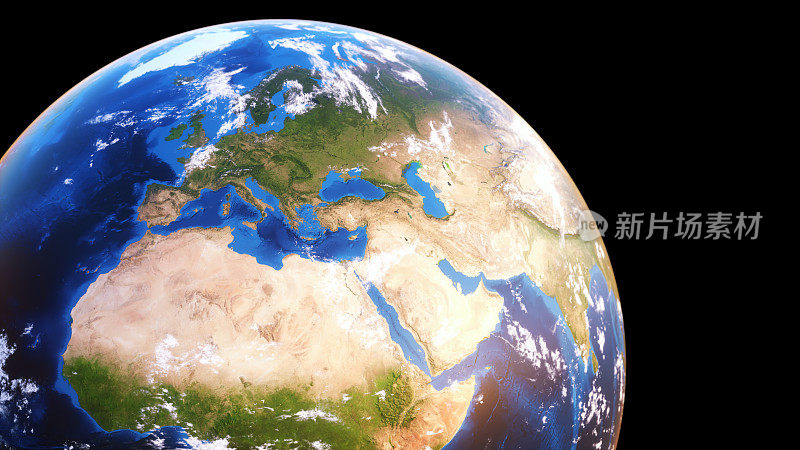 地球是半球体，有稀疏的云层，显示欧洲，非洲和中东，孤立在纯黑色上