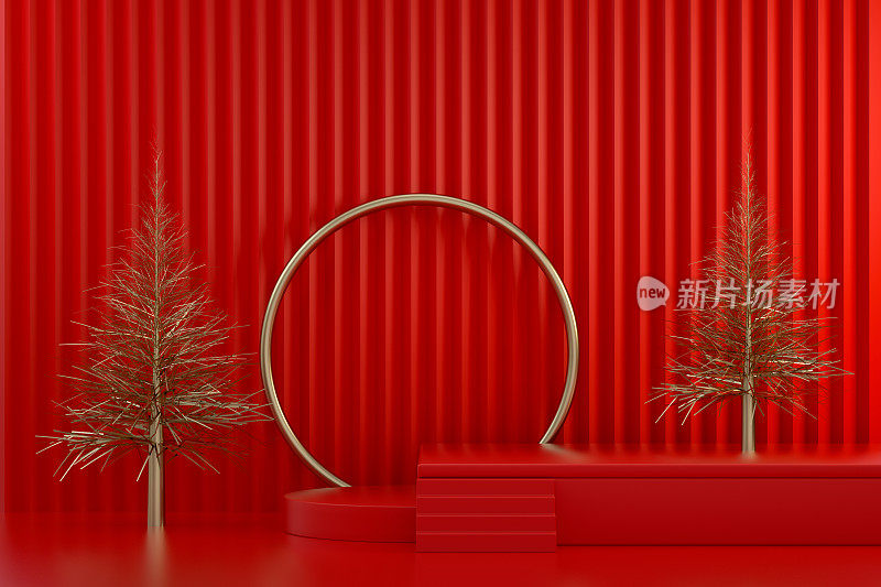 3D空产品站，平台，红色背景，抽象的最小概念
