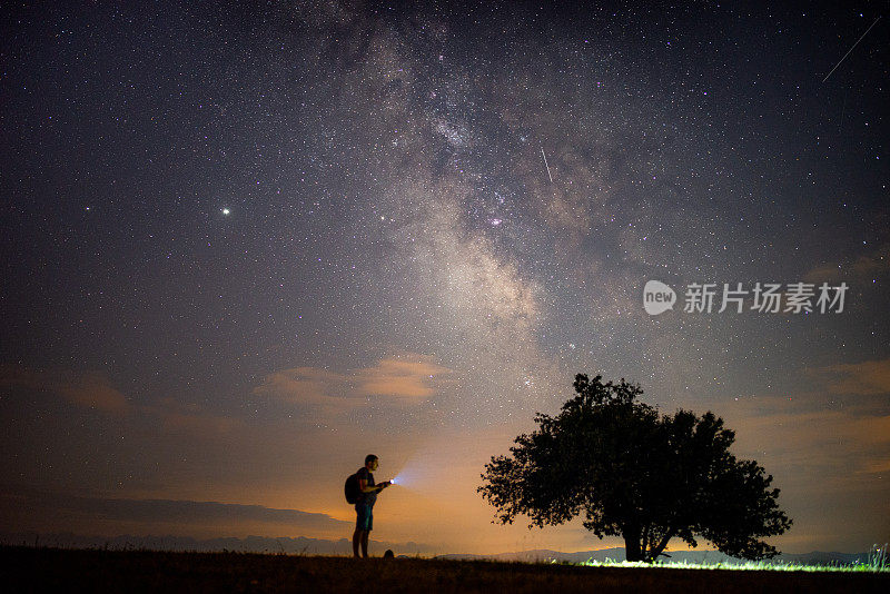 孤独的游客在银河下的山