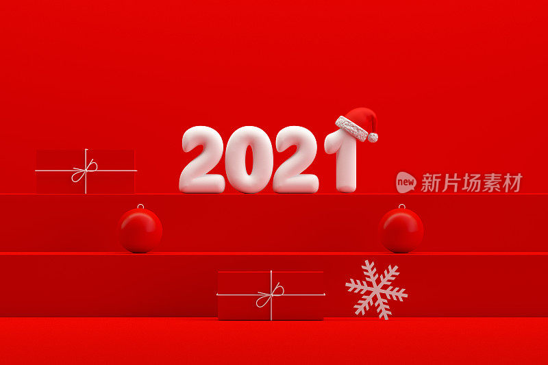 圣诞2021新年概念，红色背景，楼梯站讲台