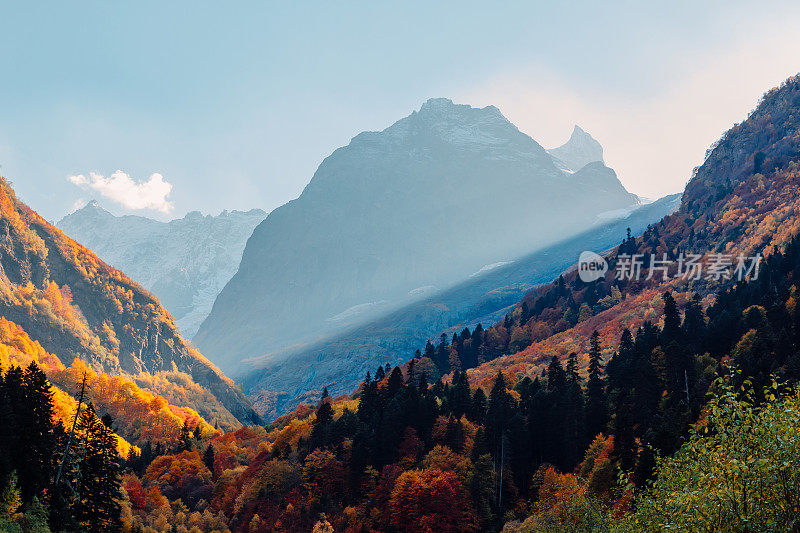 落基山脉和秋天的森林。高山景观和令人惊叹的阳光