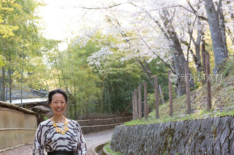 美丽的日本女人独自欣赏樱花