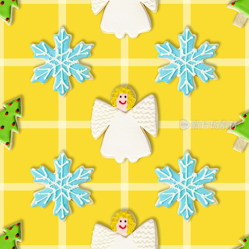 圣诞树，蓝色雪花和天使:圣诞饼干重复图案背景墙纸