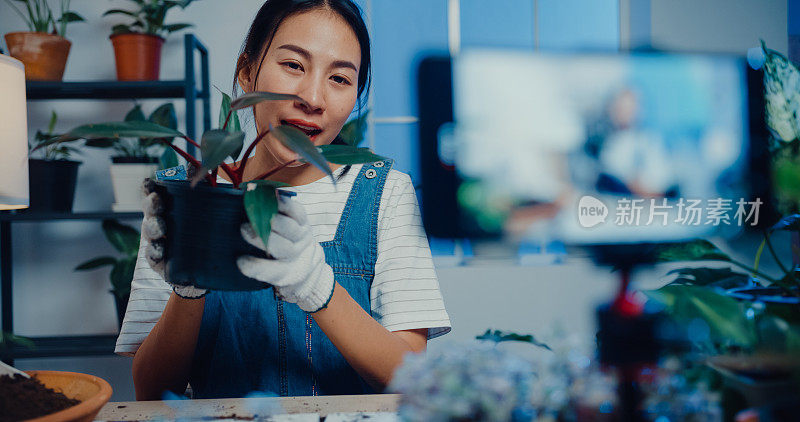 近距离的年轻亚洲妇女使用电话接收购买订单，并显示植物录制视频直播在夜间在树店。