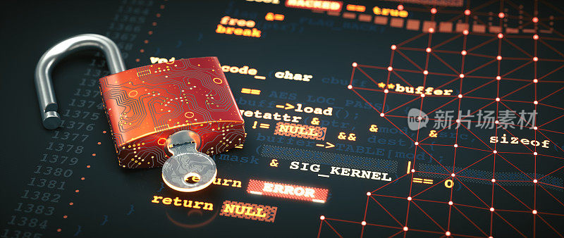 一个抽象的计算机犯罪设计概念，用一个未开锁的红色电路板挂锁，插入钥匙，在发光的计算机数据和编程语言代码表面。