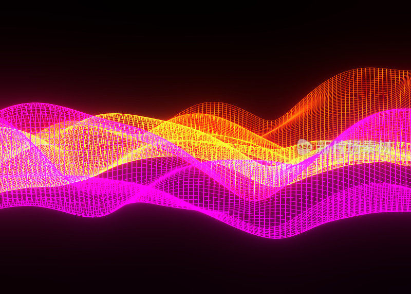 三维抽象背景飞行的霓虹灯粒子运动，波浪线流动大数据技术和科学主题，三维点阵列流动的运动，纳米技术。