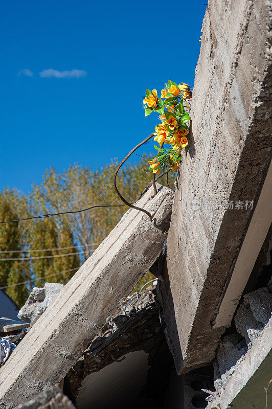 嵌在柱子之间的人造花在地震中倒塌了
