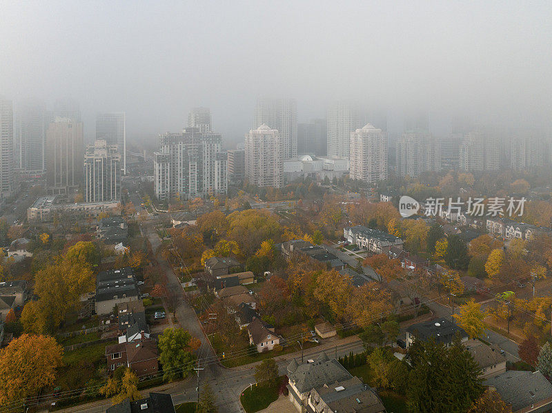 鸟瞰北约克的公园和住宅区，多伦多，加拿大，雾蒙蒙的早晨