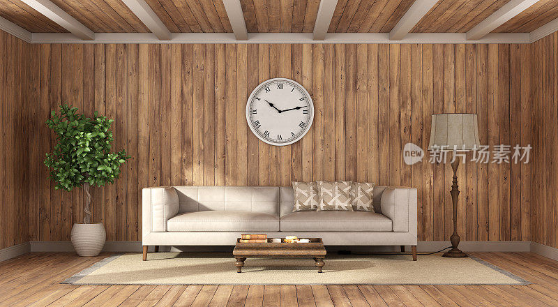 木质房间，真皮沙发和地毯上的咖啡桌