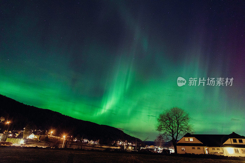 强烈的北极光在挪威农村地区的天空