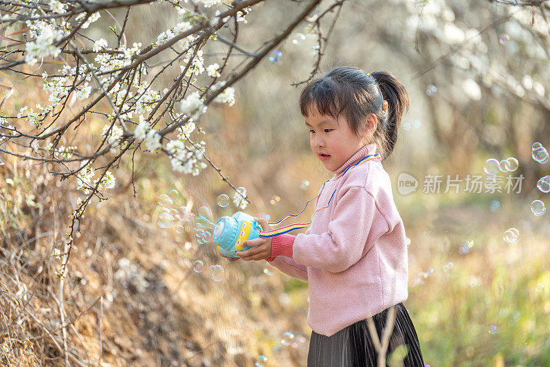 一个小女孩在盛开的梅树上吹泡泡