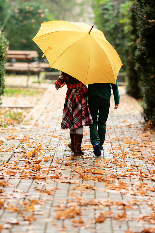 下雨天，孩子们撑着黄色雨伞走在公园小路上的后视图
