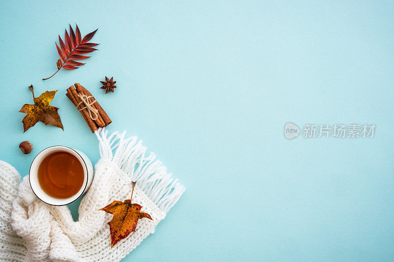 织的围巾，一杯热茶和落叶