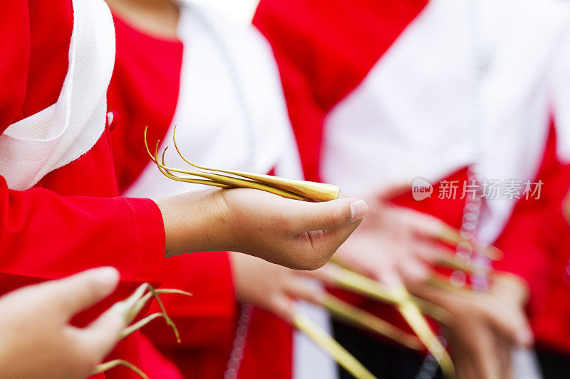 在清迈省，一群穿着红色衣服的泰国青少年朗姆酒舞者伸出金色指甲