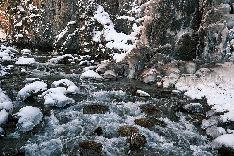 冬山峡谷里结冰的河流