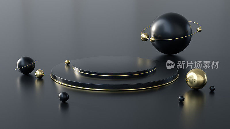 黑色圆形讲台以金色为主色调，抽象的黑色和金色球体作为周围的装饰元素。产品展示的简约背景
