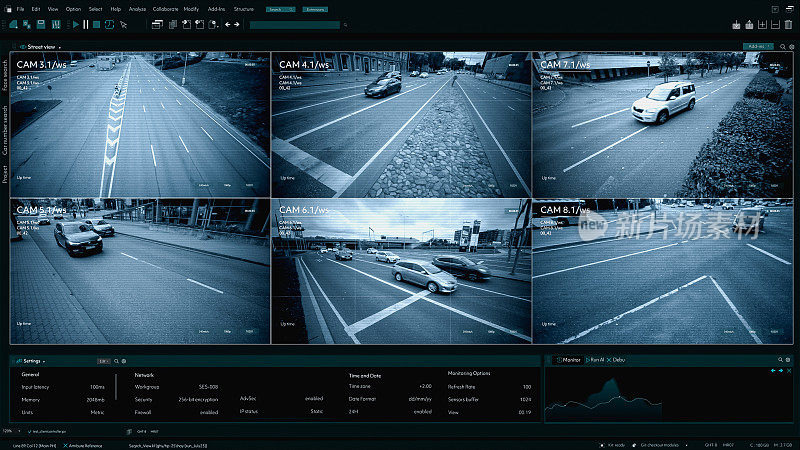 闭路电视交通超速安全摄像头。汽车密集行驶的城市中心区道路安全监控技术监控限速、道路安全的软件接口